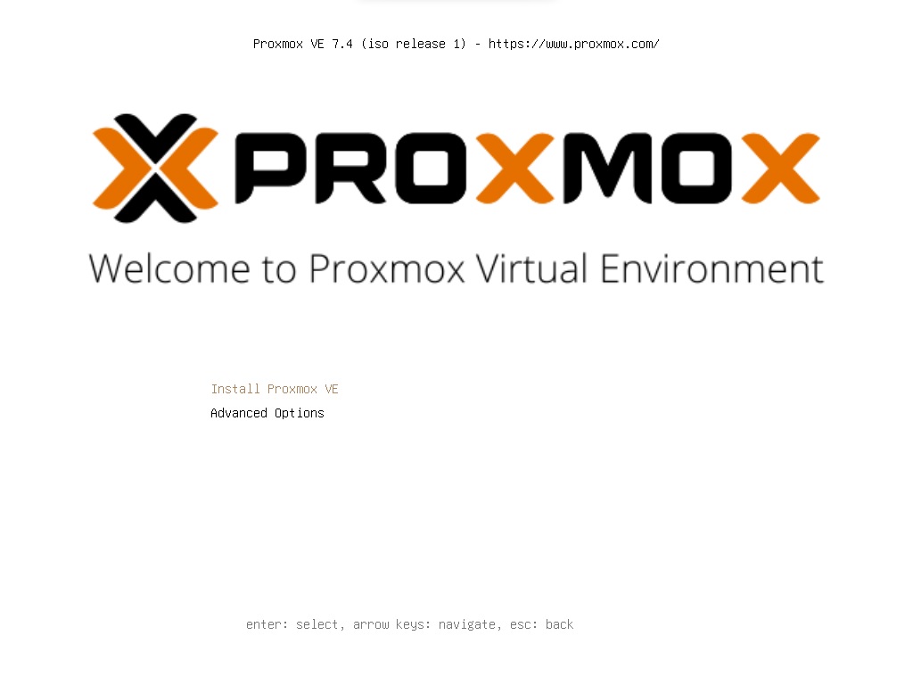 Instalación de Proxmox VE:  Pantalla inicial de instalación