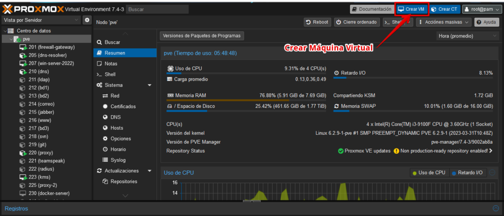 View of the Proxmox VE 7.4 administration web interface, selecting the option to create a virtual machine