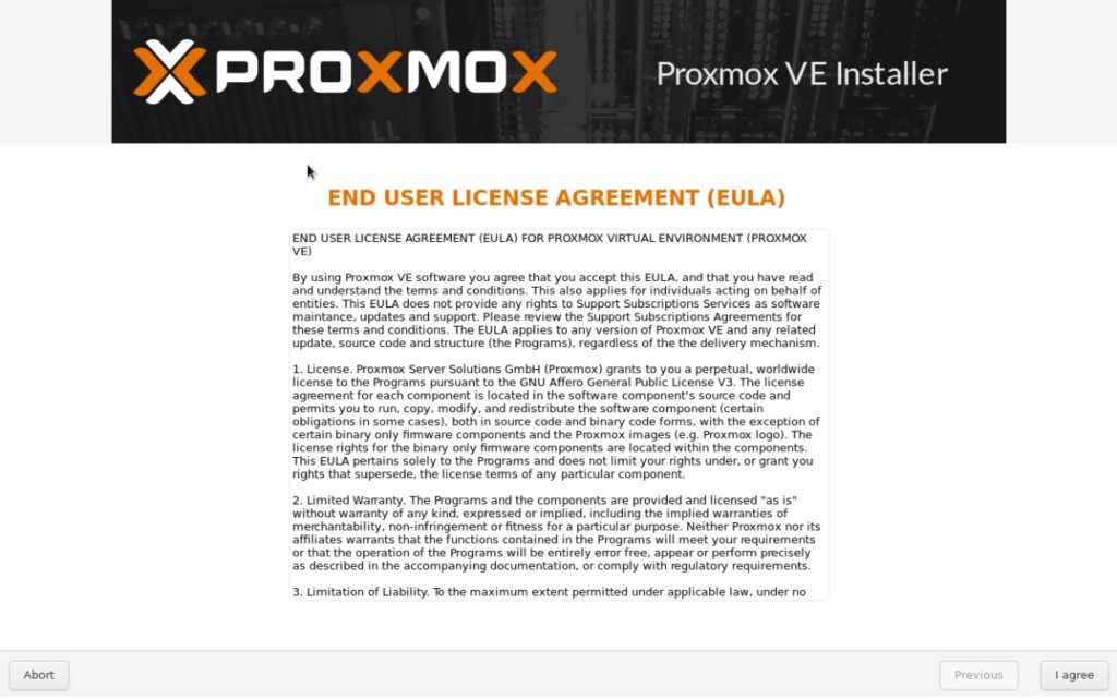 Instalación de Proxmox VE:  Pantalla de aceptación de la licencia