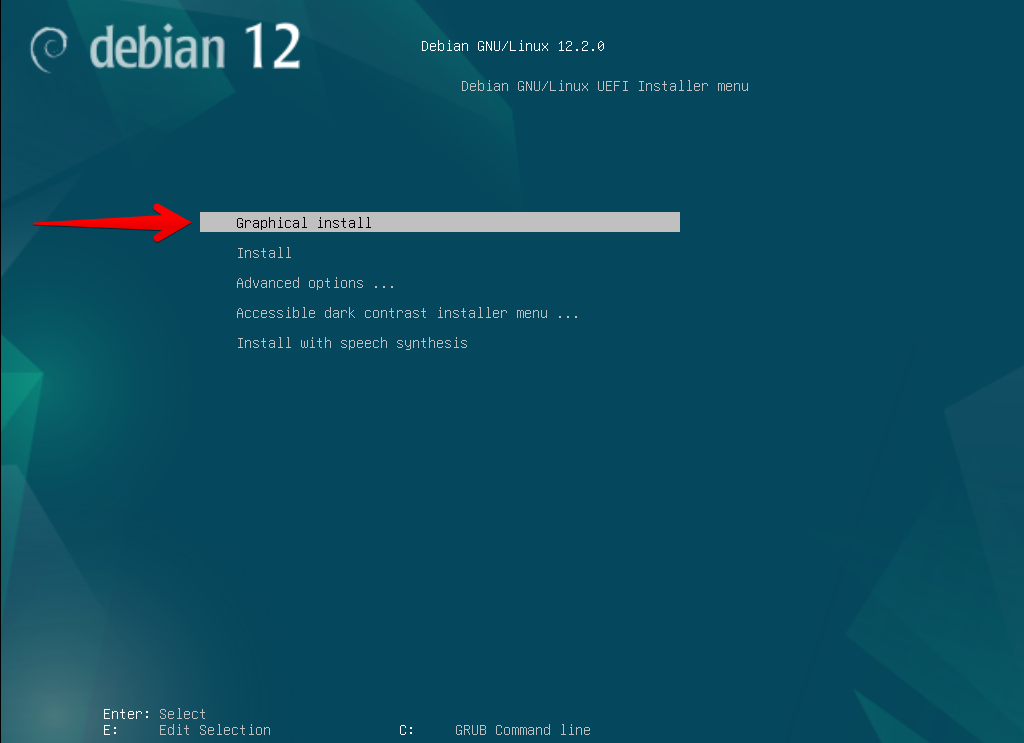 Menú de inicio de DVD de Debian 12 en modo gráfico