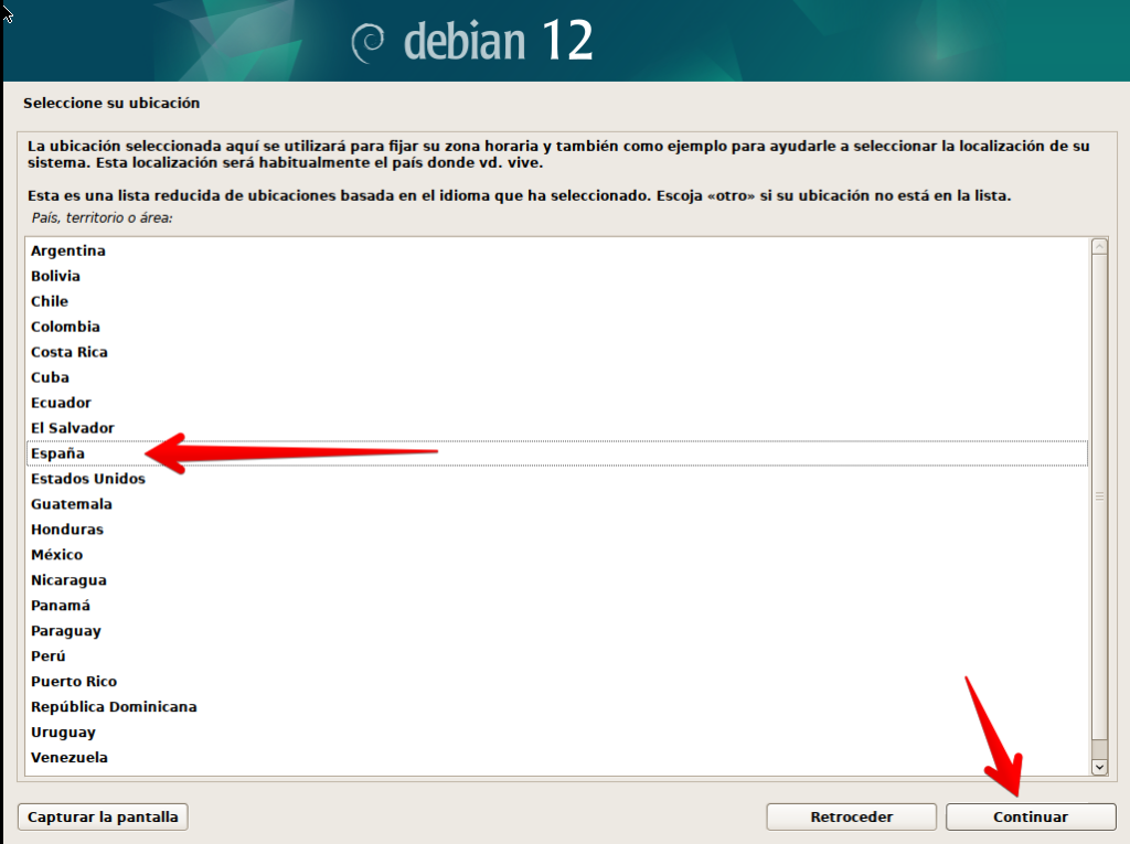 Lista de selección de ubicación (país) del instalador de Debian en modo gráfico