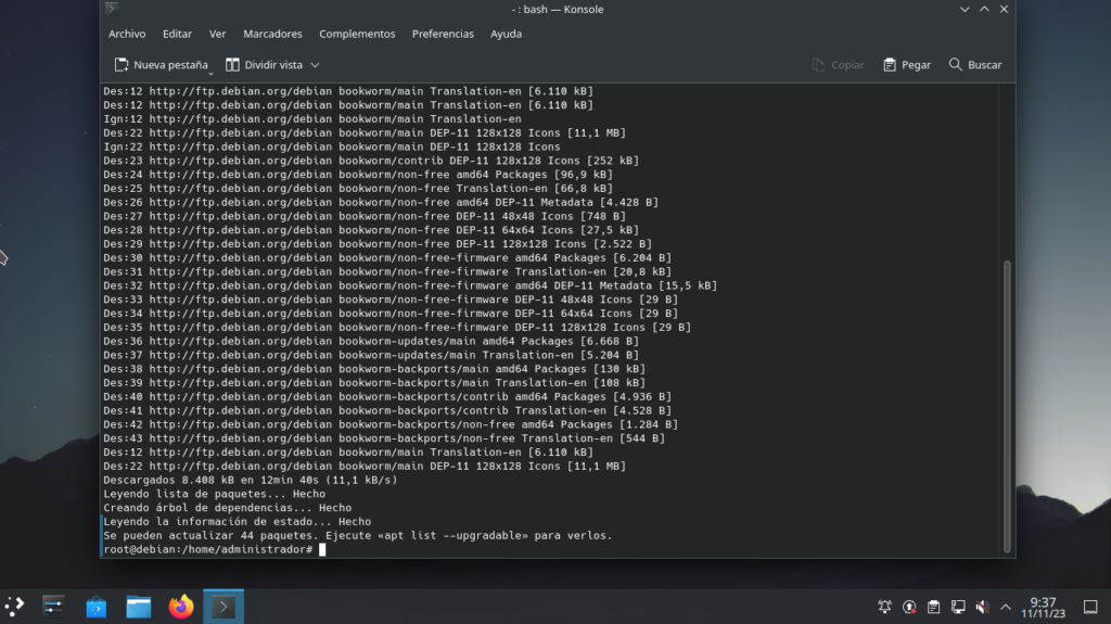 recarga de origenes de software usando el comando apt update en aplicación konsole en Debian + KDE