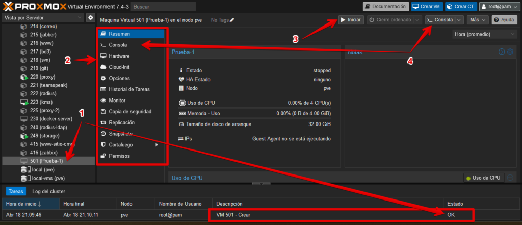 Imagen de proxmox ve verificación de máquina virtual creada