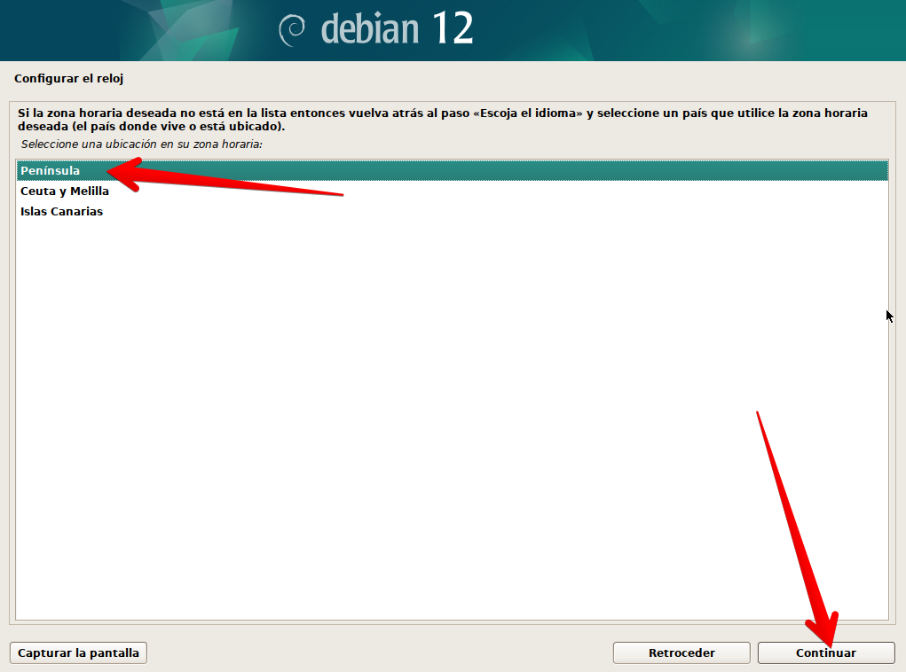 Selección de zona horaria en instalador de Debian 12 en modo gráfico