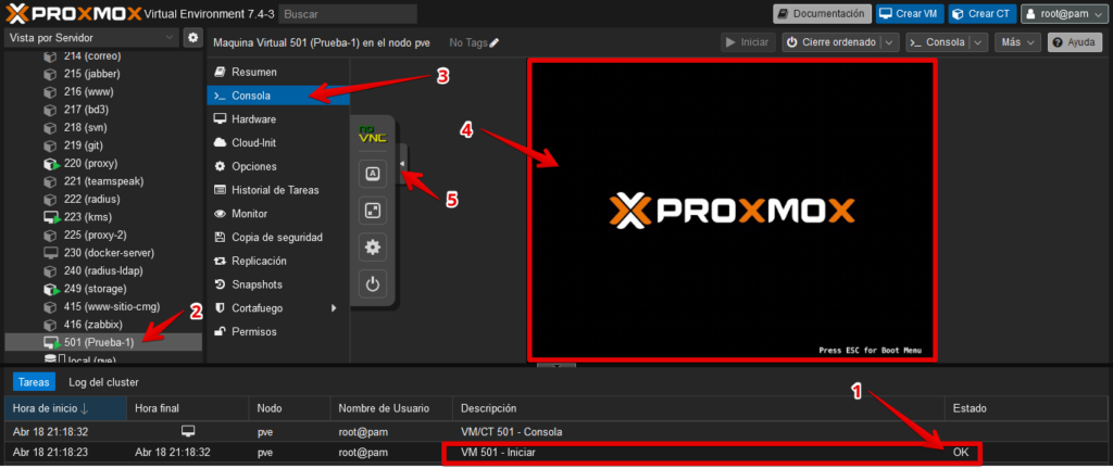 Imagen de proxmox ve con máquina virtual seleccionada