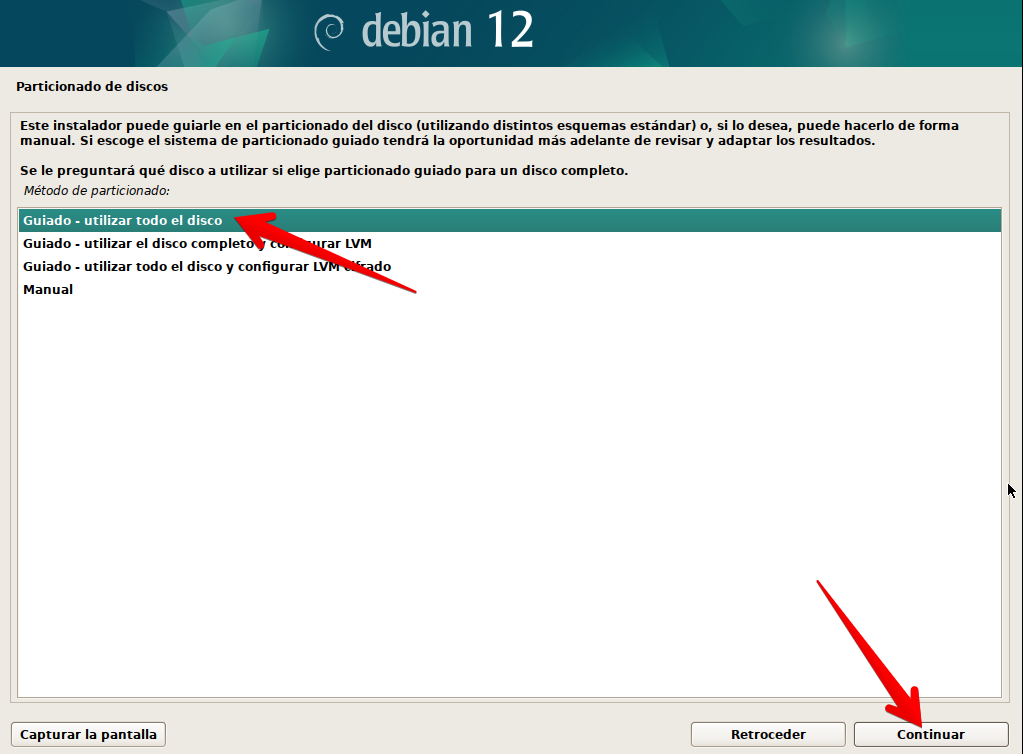 Selección del modo de particionado del instalador de Debian 12 en modo gráfico