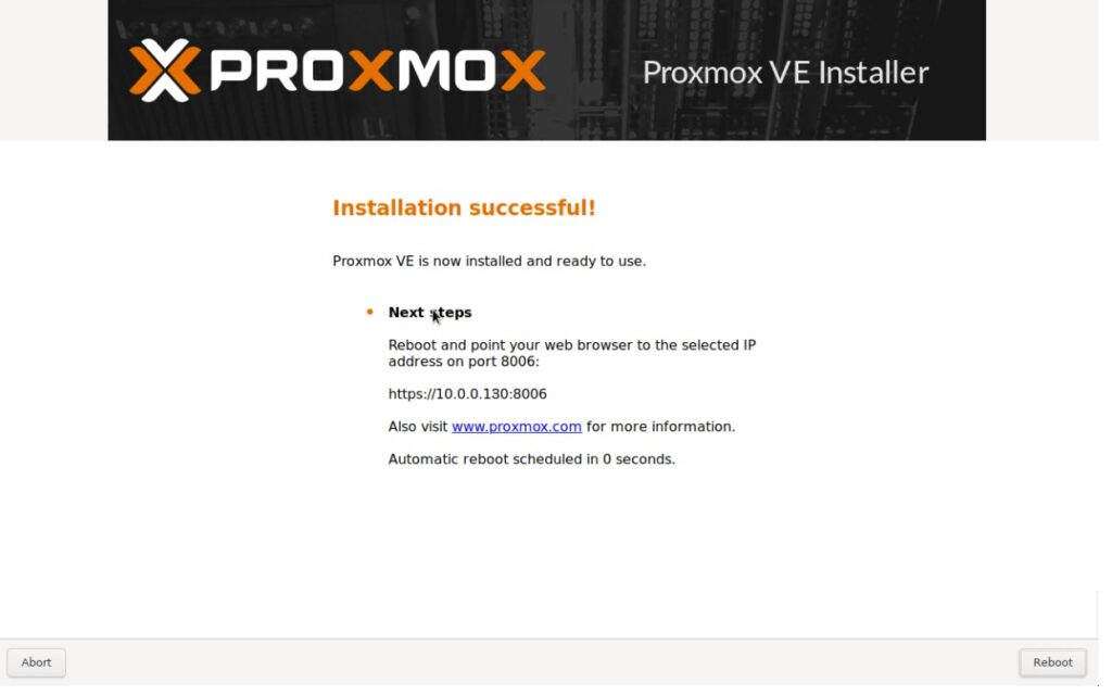 Instalación de Proxmox VE: Instalación Successful