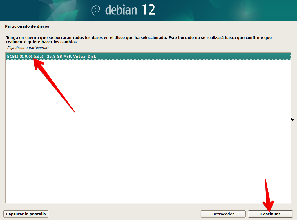 Selección de disco para instalar el sistema operativo con instalador de Debian 12 en modo gráfico
