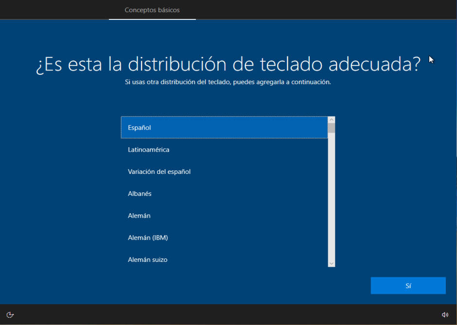 instalación de Microsoft Windows Selección de teclado