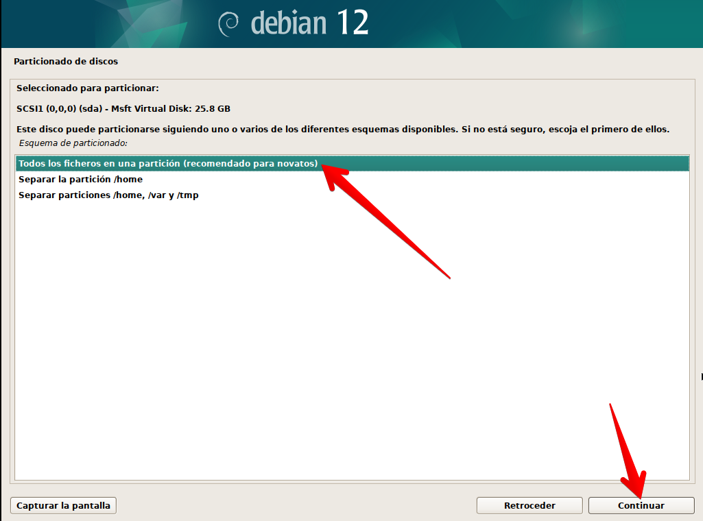 Selección de esquema de particiones en instalador de Debian 12 en modo gráfico