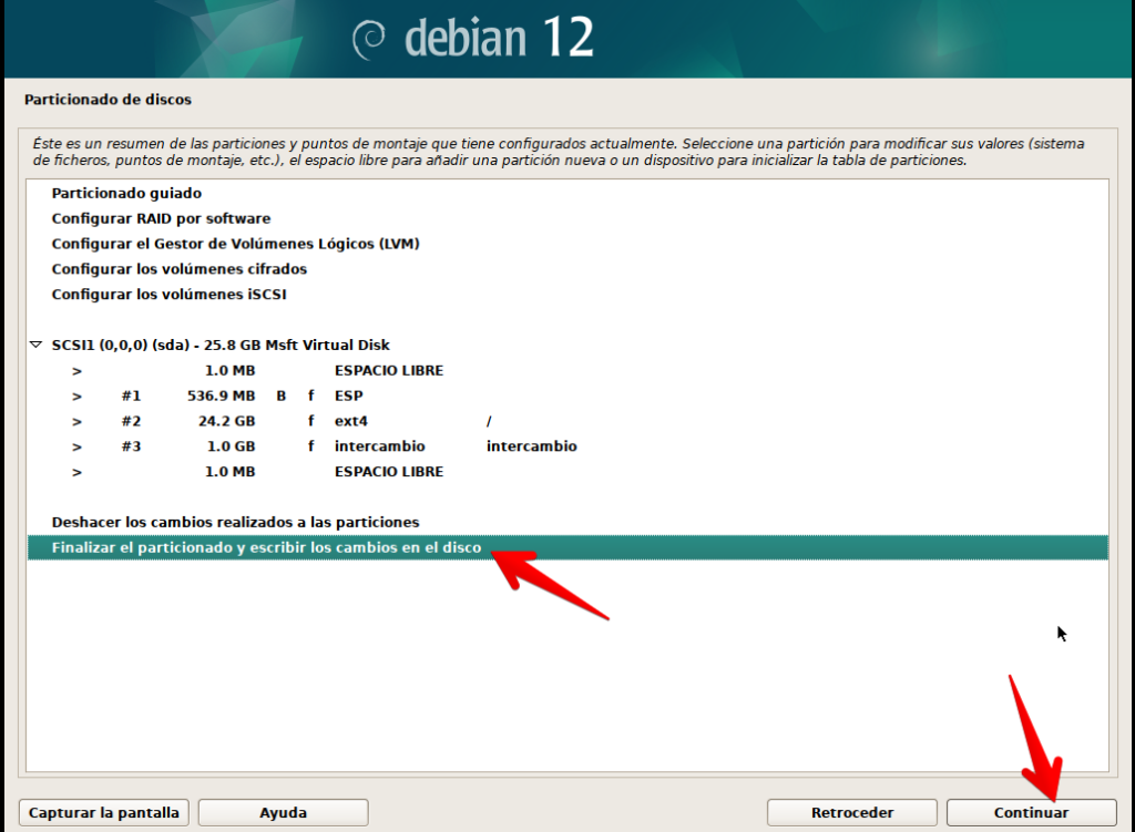 Ejemplo de particionado de disco para instalación de Debian 12 usando el modo gráfico del instalador