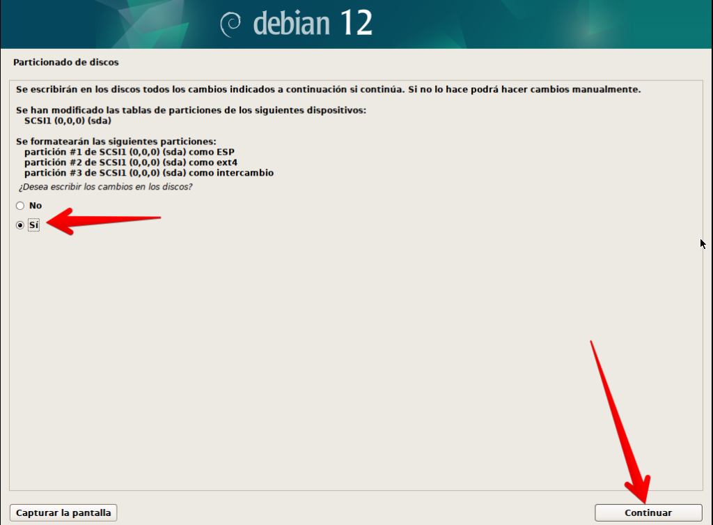 Confirmación de escritura de cambios en disco del particionador en instalador de Debian 12 en modo gráfico