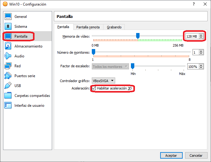 VirtualBox: Screen Options of a virtual machine