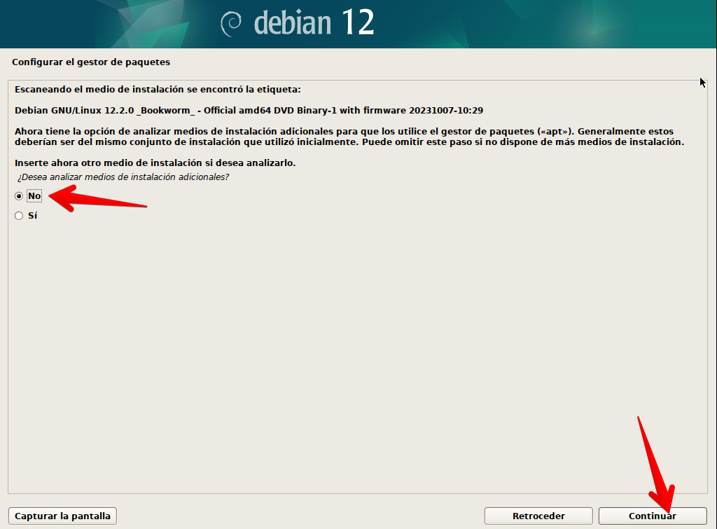 Selección de revisión de medios de instalación adicionales de instalador de Debian 12 en modo gráfico