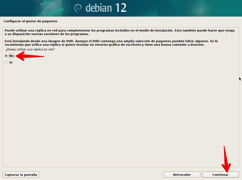 Confirmación para usar una réplica de red del instalador de Debian 12 en modo gráfico