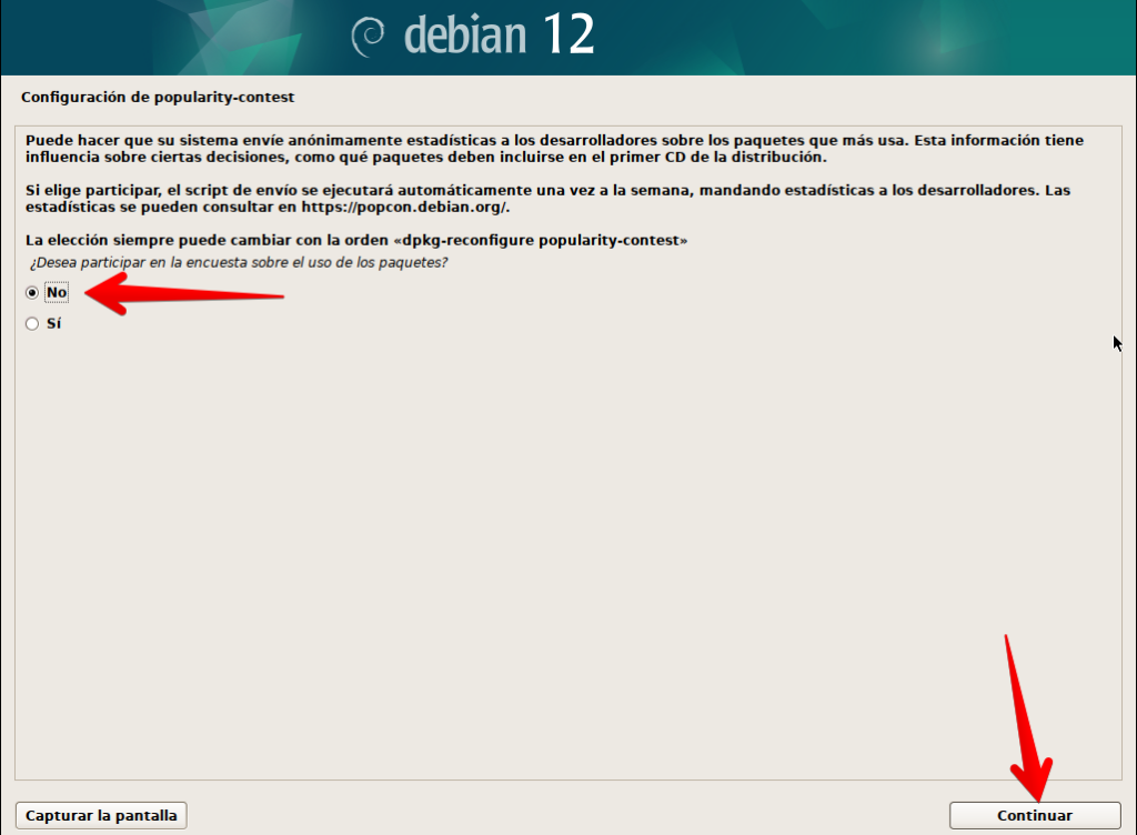 Selección de participación en encuesta de uso de paquetes del instalador de Debian 12 en modo gráfico