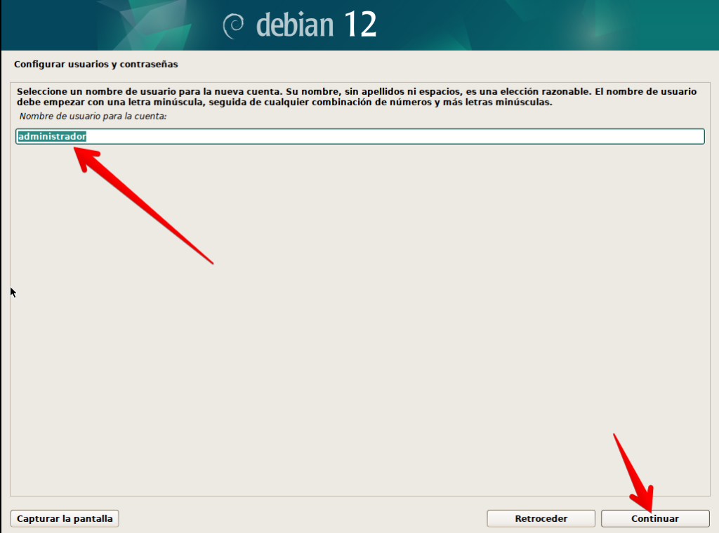 Especificación de usuario en instalador de Debian 12 en modo gráfico