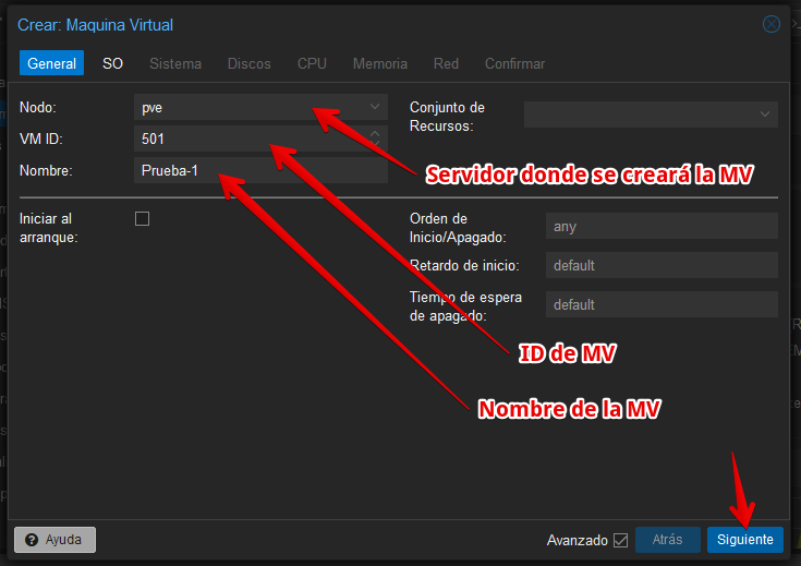 Vista General en asistente de creación de máquinas virtuales en Proxmox VE