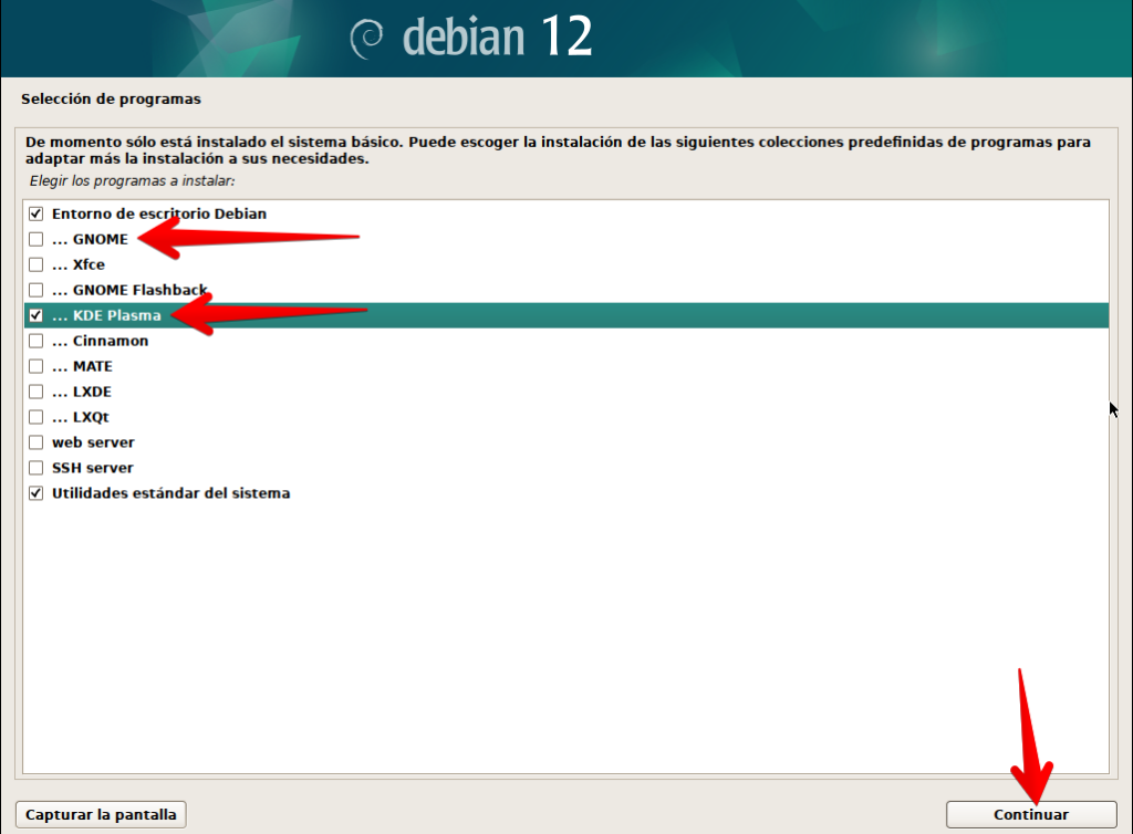 Selección de programas en instalador de Debian 12 en modo gráfico
