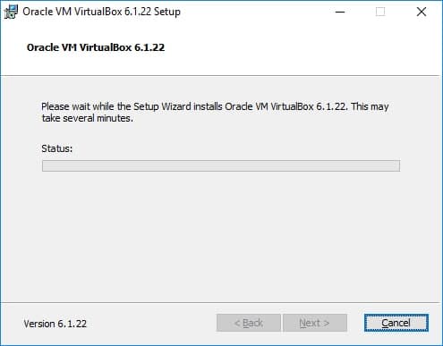 Progress bar to installing VirtualBox