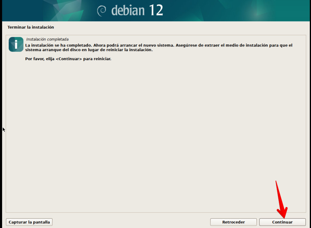 Finalizada la instalación en instalador de Debian 12 en modo gráfico