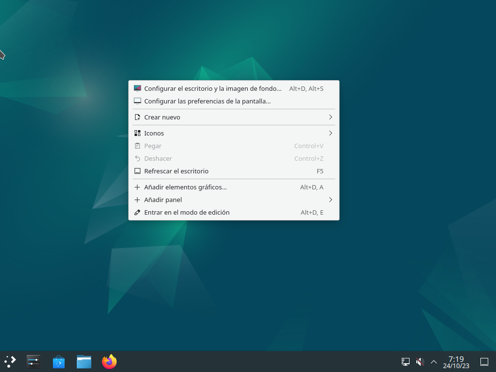 Debian 12+KDE desktop with secondary menu displayed