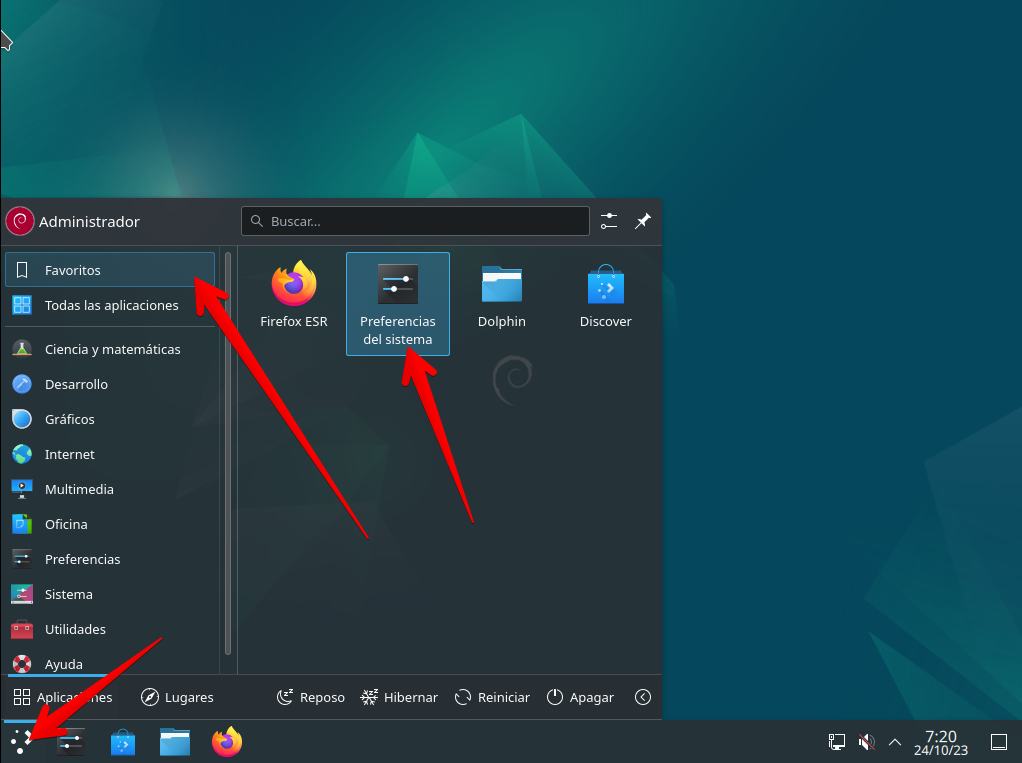 Menú principal desplegado en escritorio de Debian 12+KDE con tema oscuro 