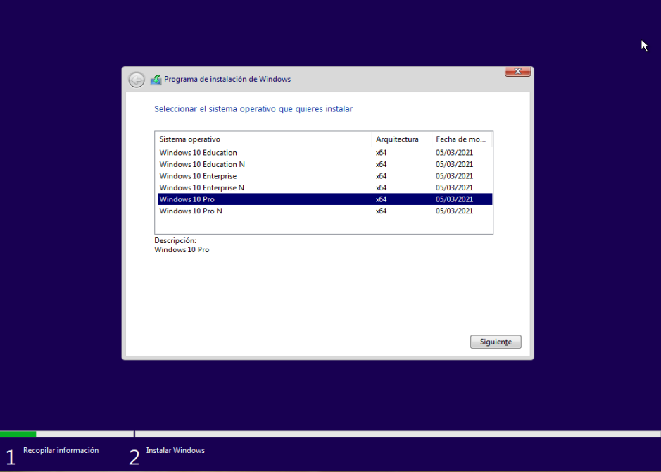 instalación de Microsoft Windows Selección de versión