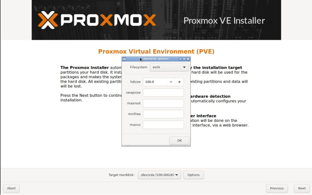 Instalación de Proxmox VE:  Pantalla para seleccionar el disco donde se instalará el sistema operativo