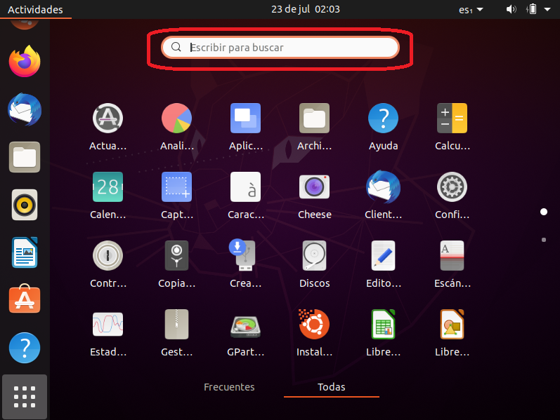 Sistema operativo GNU Linux Ubuntu 20.04: Proceso de instalación: Menú del sistema