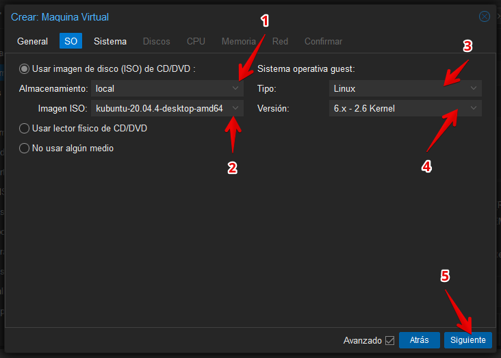 Vista de selección de SO en asistente de creación de máquinas virtuales en Proxmox VE