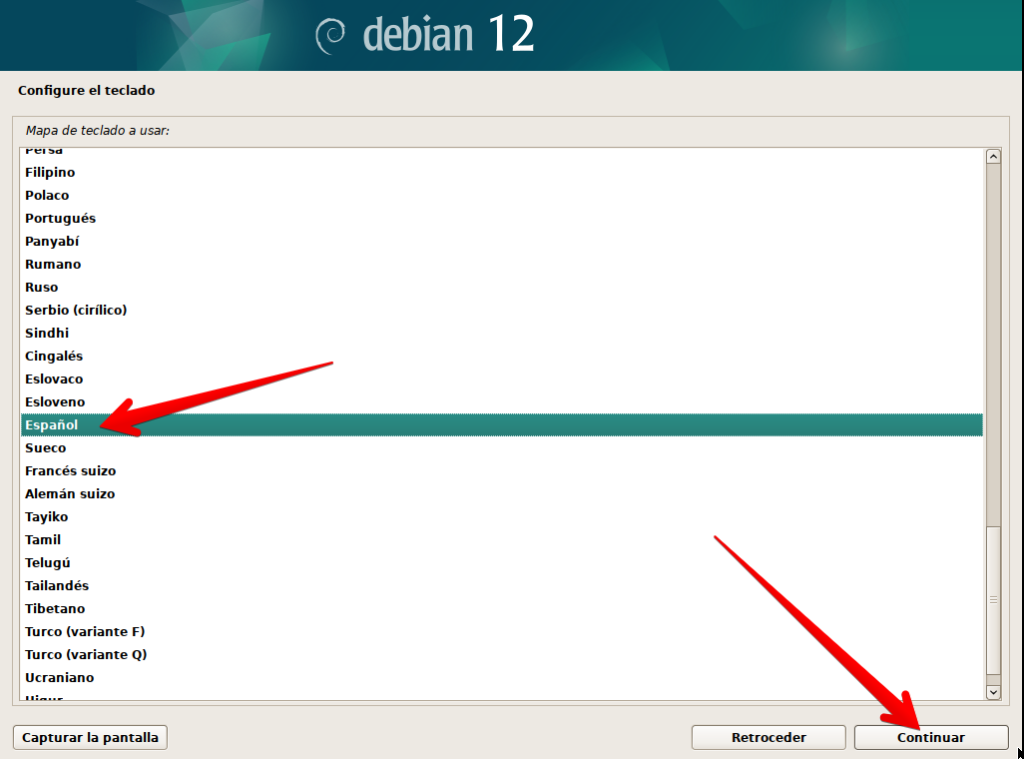 Lista de selección de idioma de teclado de instalación de Debian 12 en modo gráfico