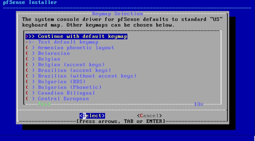 Installing pfSense: Keymap Selection Screen