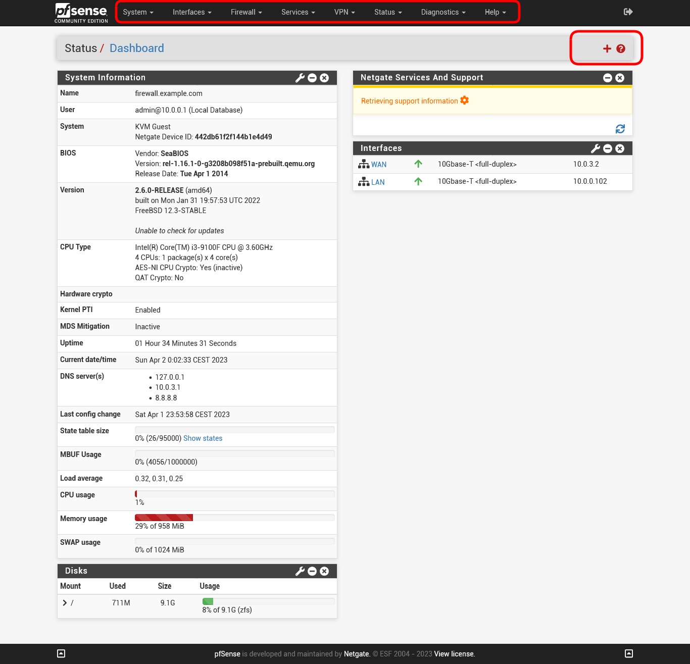 Dashboard de pfSense capturado en una instalación histórica de la serie