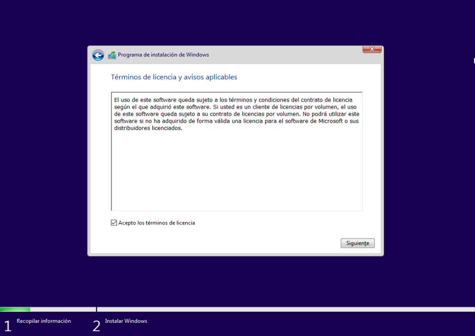 instalación de Microsoft Windows Aceptación de los términos de licencia