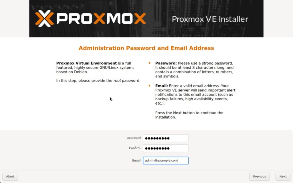 Instalación de Proxmox VE:  Administración de claves y correo electrónico