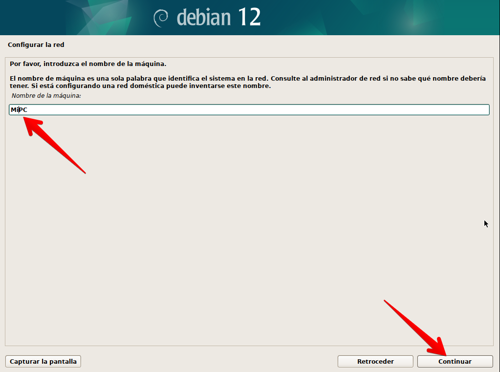 Especificación de nombre de equipo en configuración de red del instalador de Debian 12 en modo gráfico
