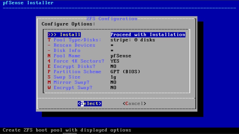 Instalación de pfSense: Pantalla ZFS Configuration