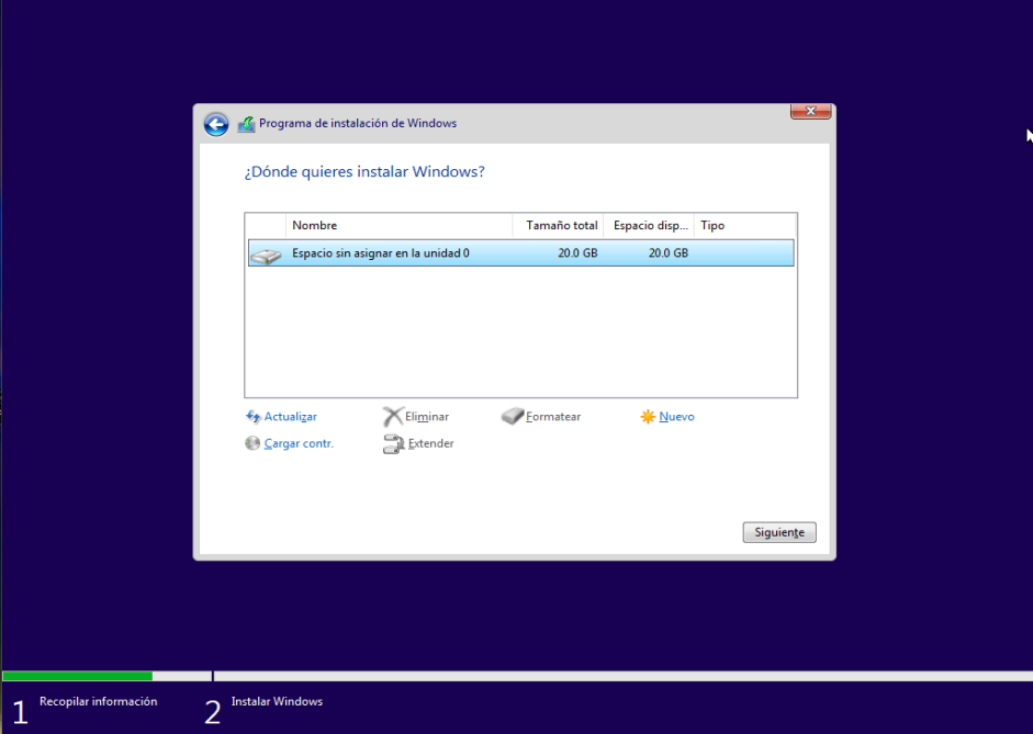 instalación de Microsoft Windows Selección de particiones