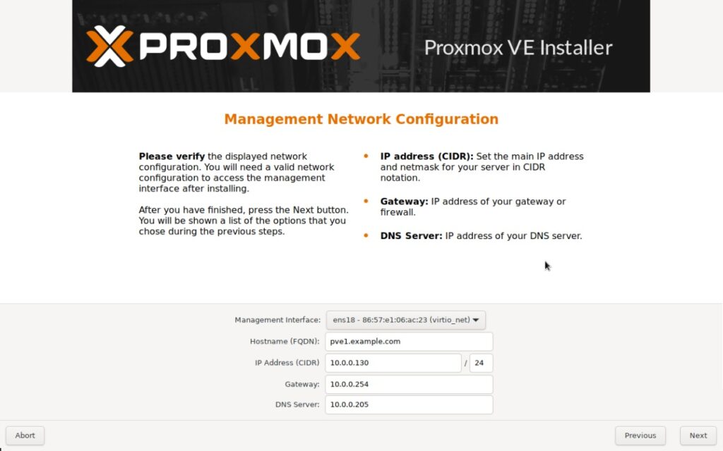 Instalación de Proxmox VE: Pantalla de configuración de la red