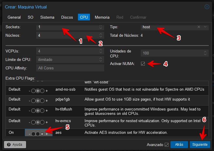 Vista de CPU en asistente de creación de máquinas virtuales en Proxmox VE