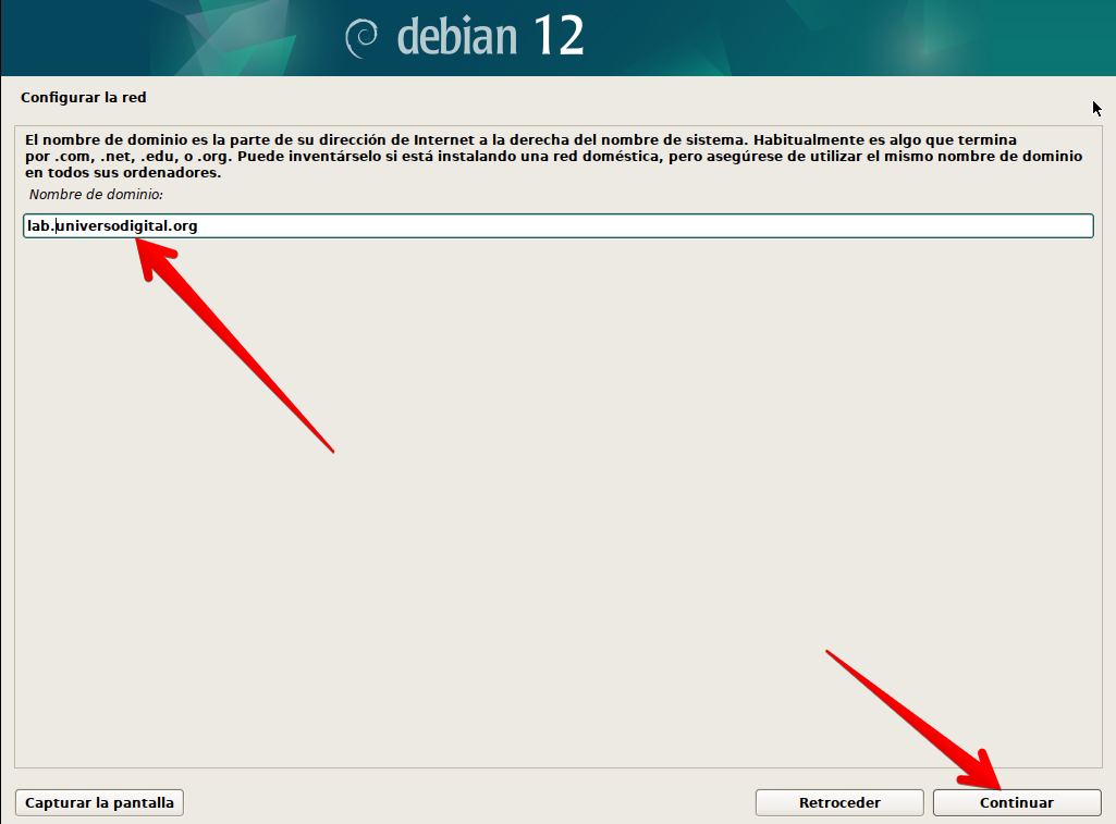 Configuración de nombre de dominio de red en instalador de Debian 12 en modo gráfico