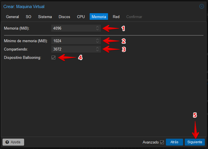 Memory view in virtual machine creation wizard in Proxmox VE