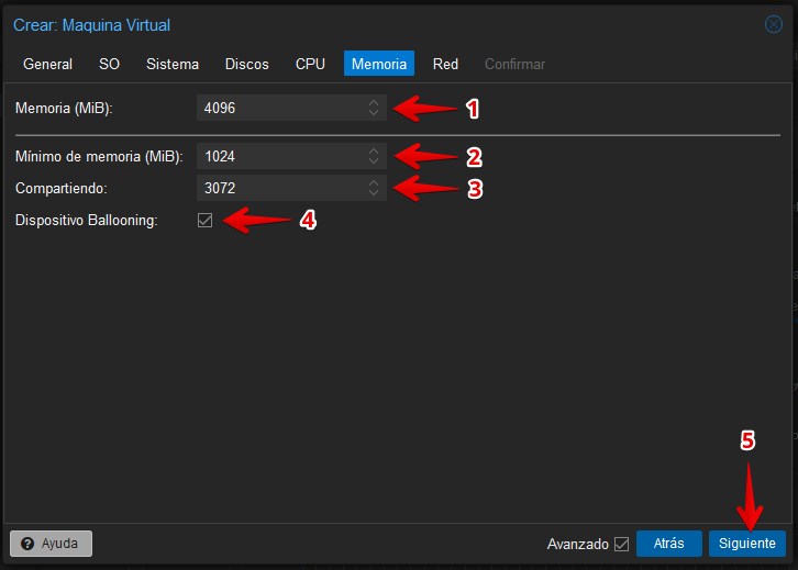 Vista de Memoria en asistente de creación de máquinas virtuales en Proxmox VE