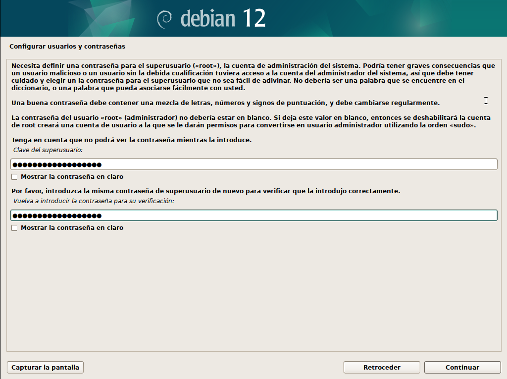 Especificación de contraseña del usuario root en instalador de Debian 12 en modo gráfico