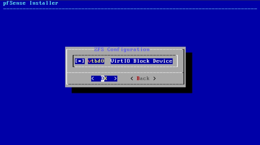 Installing pfSense: ZFS Configuration Screen