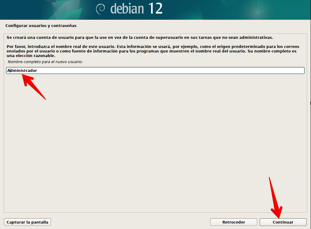 Especificación de nombre de usuario en instalador de Debian 12 en modo gráfico