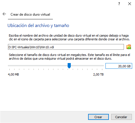 VirtualBox: Create virtual hard drive, file location and size