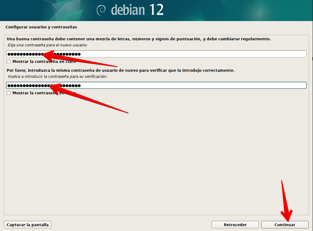 Especificación de contraseña de usuario en instalador de Debian 12 en modo gráfico