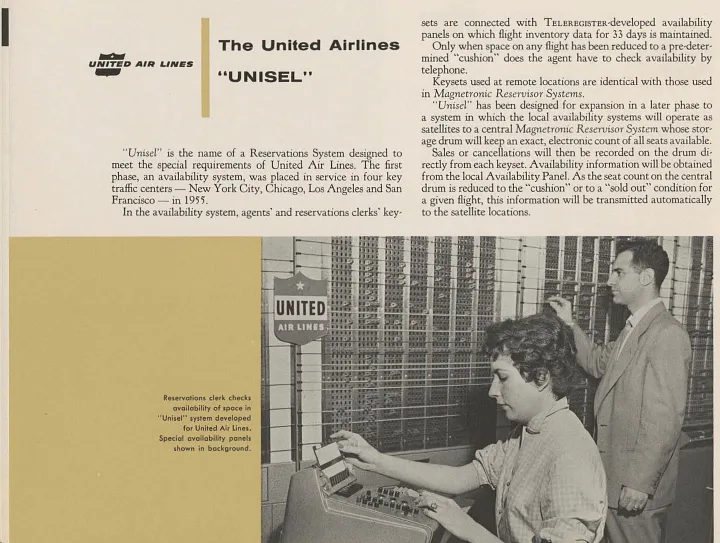 Folleto de United Airlines “UNISEL” de Teleregister Corporation . Museo de Historia de la Computación 